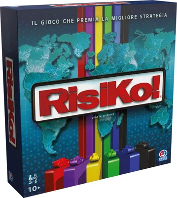 A board game box with a world map and colorful game pieces.