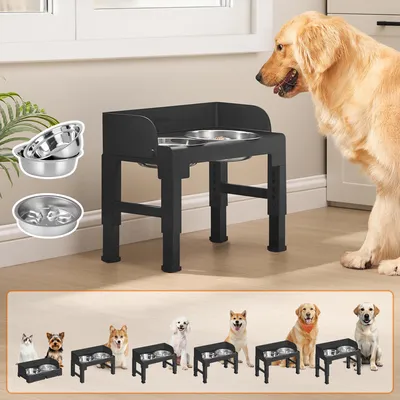 Produktbild von Feandrea Erhöhter Hundenapf, Höhenverstellbare Hunde Futterstation Edelstahl Napfset mit Antischlingnapf, 42,5 x 24 x 36,5 cm