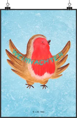 Produktbild von Mr. & Mrs. Panda Bild Rotkehlchen Weihnachten DIN A2 - Eisblau - Geschenk, Winter, drucke, wanddeko, Plakat, Vogel, Wandbild, Weihnachtsgruß, Kunstdruck, Heiligabend