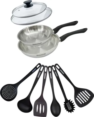 Image de Set 2 poêles 20 et 24 cm en inox, couvercles verre et 6 ustensiles Fackelmann Geneva