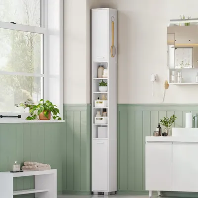 Immagine prodotto di Mobiletto da bagno alto con 2 cesti e 6 ripiani regolabili, dimensioni 20 x 20 x 200 cm, realizzato in legno