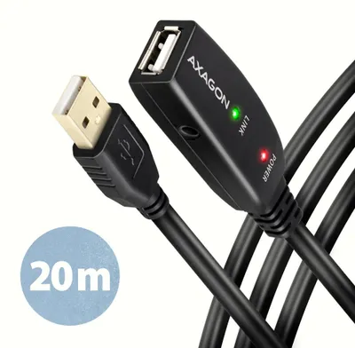 Produktbild von Axagon ADR-220 USB 2.0 A-M -> A-F aktives Verlängerungs‑/Repeater‑Kabel 20m, 20 m, USB A, USB A, USB 2.0, 0,48 Gbit/s, Schwarz