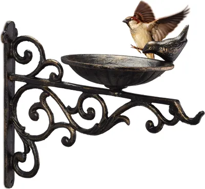 Produktbild von Relaxdays Vogeltränke Gusseisen, Wandmontage, wetterfest, Vintage Vogelbad Wildvögel, Gartendeko, HBT 24x28x14cm, bronze