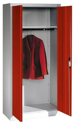 Produktbild von Flügeltürenschrank, BxTxH 930x500x1950 mm, 1 Hutboden, 1 Kleiderstange, RAL 7035/3003 lichtgrau/rubinrot