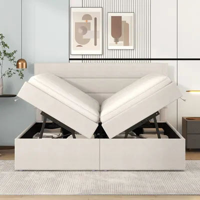 Produktbild von Abrihome Polsterbett-140x200cm Doppelbett mit Lattenrost, Stauraum unter dem Bett, Beige