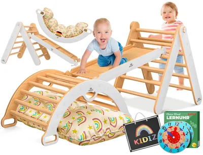 Produktbild von KIDIZ® Klettergerüst Montessori Kletterdreieck 7in1 Spiel-Set aus Holz Indoor Spielplatz für Kleinkinder 1 bis 3 Jahre inkl. Kissen, Tafel & Lern-Uhr