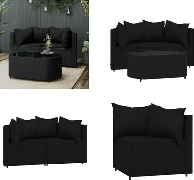 Image de vidaXL 3 pcs. Garden Lounge Set with Coussins Black Poly Rattan - Garden Lounge Set - Garden Lounge Sets - Outdoor Lounge Set - Lounge Set Terrasse