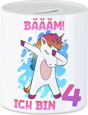 Produktbild von Bäääm Ich Bin 4 Spardose Einhorn 4. Geburtstag Geburtstagsgeschenk Einhorn-Fans Dabbing