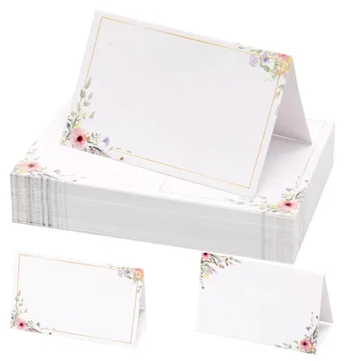 60 Tischkarten mit Blumen, beschreibbar, 10,9 x 8,4 cm, Weiß