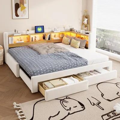 Produktbild von Schlafsofa 90x200 cm, mit LED - Beleuchtung, mit Schubladen, mit Stauraum, mit Ausziehbett, für Kinder - und Jugendzimmer, Beige