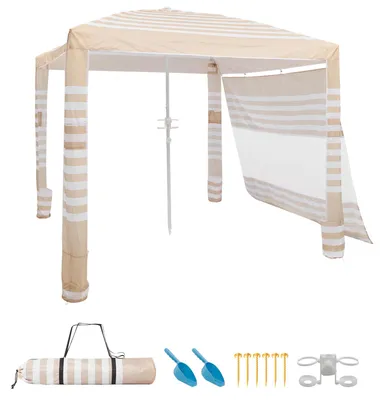 Image de Cabane de plage SucceBuy, 2,4 x 2,4 m, protection solaire avec parois latérales, indice UPF 50+ contre les rayons UV, toitable avec des sacs de sable, réglable en hauteur et portable – idéale pour la famille et les amis