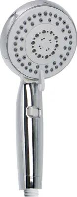 A chrome hand-held shower head with multiple spray settings.