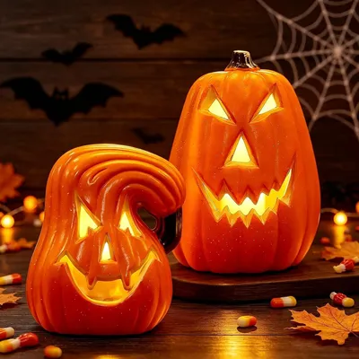 Produktbild von LED-Kürbis – Set mit 2 Stück – Halloween-Dekoration – Beleuchteter Kürbis