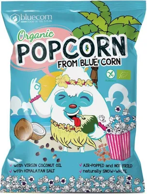 Produktbild von POPCORN Z NIEBIESKIEJ KUKURYDZY Z OLEJEM KOKOSOWYM I SOLĄ HIMALAJSKĄ BEZGLUTENOWY  20 g - BLUECORN