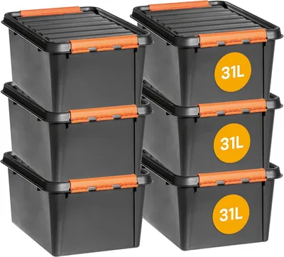 Obrázok produktu pre Sada 6 úložných boxov – objem 31 litrov – robustný plastový materiál s vekami – možné stohovať a zapájať do seba