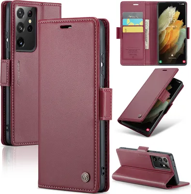 Produktbild von Galaxy S21 Ultra 5G Hülle, Leder Brieftasche Kartenfach Schutzhülle mit Standfunktion für Samsung Galaxy S21 Ultra 5G Rot