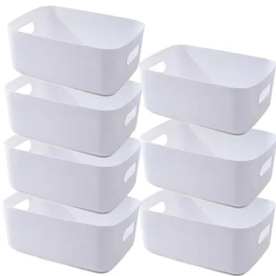 Produktbild von 7 weiße Aufbewahrungsboxen aus Kunststoff mit Griffen, 25 × 18 × 10 cm, Organizer für Badezimmer-/Küchenschränke, Aufbewahrungskörbe/-boxen für die Küche, Aufbewahrungsboxen