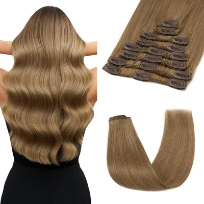 Immagine prodotto di Clip-in per extension, capelli naturali, color castano chiaro, 45 cm, 8 pezzi, 70g, lisci, capelli umani Remy