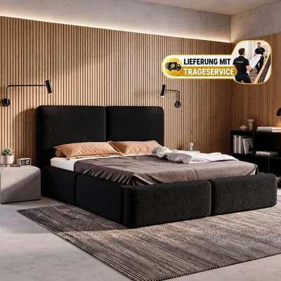 Produktbild von Polsterbett 180x200 mit Bettkasten LIVIA, Stauraum und Metall-Lattenrost – Bouclé Stoff Schwarz