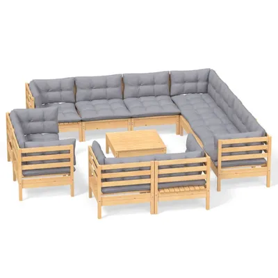Produktbild von vidaXL 12-tlg. Garten-Lounge-Set mit Grauen Kissen Massivholz Kiefer