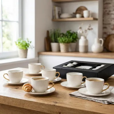 Produktbild von Set aus 6 Tassen mit Untertasse in Box ecru gestreift gold Ohr Aurora 260 ml