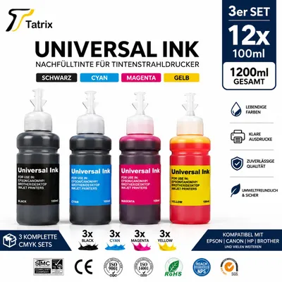 Produktbild von Tatrix Universal Nachfülltinte 12x 100 ml – 3er Set CMYK – für Epson, Canon, HP & Brother – 1200 ml, KI-generiertes Bild