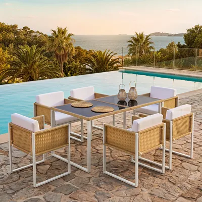 Image de Ensemble de salon de jardin Flieks, ensemble de mobilier de jardin pour 6 personnes, mobilier de terrasse et de balcon en rotin, 7 pièces, table de jardin avec plateau en verre, ensemble de jardin blanc