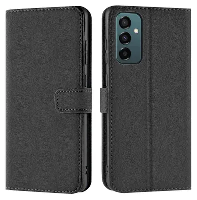 A black book-style phone case is shown from the front and back.