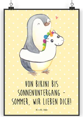 Produktbild von Mr. & Mrs. Panda Bild Sommer Meer Strand DIN A3 - Gelb Pastell - Geschenk, Plakat, Küstenurlaub, Jahreszeiten, Sommerferien Abschiedsgeschenk, Urlaub Am, Geschenke, Küste