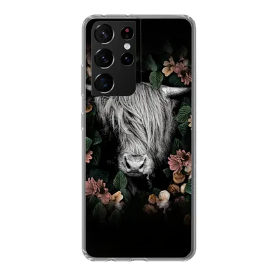 Produktbild von MuchoWow® Handyhülle Schutzhülle Hülle für Samsung Galaxy S21 Ultra Schottischer Highlander - Blumen - Rosa Silikon Softcase Handy Hülle - Mobiltelefon