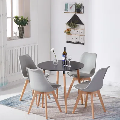 Produktbild von HJ_WeDoo Esstisch Runder Schwarz mit 4 Esszimmerstühle Grau, skandinavischen Essgruppe 80x80x70cm für Esszimmer Essgruppe