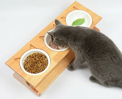 Produktbild von 3 Keramikschalen Katzenfutternapf-Set Holz Hundenapf schräge Schüssel FutternapfHalterung Haustier Futternapf Wasser Fressnapf Futterstation