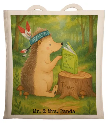 Produktbild von Mr. & Mrs. Panda Jutebeutel Igel Federschmuck Design - Weiß - Geschenk, Einkaufstasche, Schultasche, Abenteuer, Lagerfeuer, Camping, Tiere, Indianer, Tote Bag, Tasche