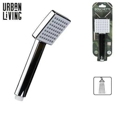 A product shot of a shower head and its packaging.