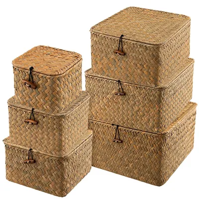 Image de Panier de rangement tissé à la main - Panier de rangement en rotin - Panier de rangement rectangulaire - Ensemble de 6 - Rangement décoratif - Avec couvercles - Boîte de rangement