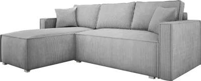 Produktbild von Ecksofa mit Schlaffunktion und Bettkasten NOEMI 145x235 cm, Eckcouch Cord Hellgrau, Sofa L-Form, Universal Ottomane, Couch mit Wellenfeder - PS 55