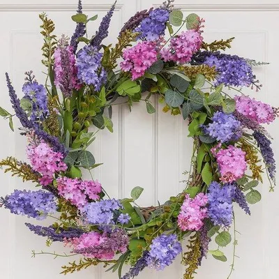 Produktbild von Frühlingskranz mit Lavendel und Lila Blumen - Natürliche Twijgbasis für Buitendekoration