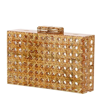 Produktbild von Damen Acryl-Rattan-Handtasche – Geflochtene Box-Tasche, Schulter- & Umhängetasche, Sommer-Strandtasche, quadratische Clutch
