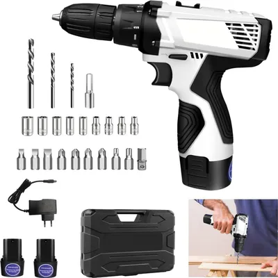 Produktbild von OKWISH Akkuschrauber, Akku Bohrschrauber Set, Schlagbohrmaschinen, Akku-Bohrer, 16.8 V Cordless Screwdriver Set with 2 x 1.5 Ah Batteries, LED Light