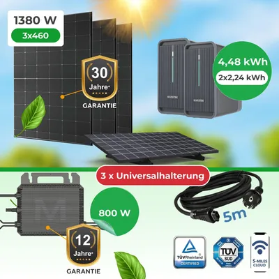 Produktbild von Balkonkraftwerk 1380W mit 4,48kWh Speicher B2500D + 3x460W Bifazial Glas-Glas + Marstek M2-800 Komplettset inkl. Universalhalterung, App, WiFi