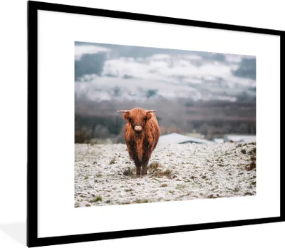Produktbild von MuchoWow® Gerahmtes Poster Schottischer Highlander - Schnee - Berg 80x60 cm - Poster mit Schwarzem Bilderrahmen Wandposter Rahmen Foto Bilder - Schlafzimmer-Dekorationen - Fotoposter