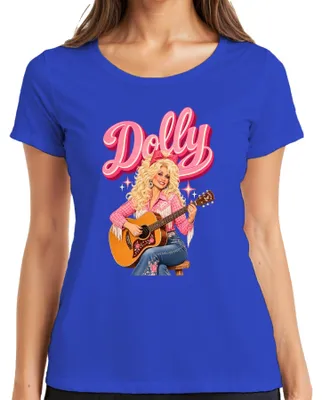 Immagine prodotto di Maglietta da donna, blu, taglia L, con la scritta "Dolly Parton", cantante di musica country, immagine di una chitarra, scritta "Cowgirl" e stile retrò western