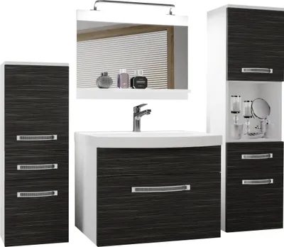 Produktbild von BELINI Badmöbel Vollausstattung Set Waschbeckenschrank, 1x kleiner Schrank, 1xHochschrank, Waschbecken, Spiegel, Lampe (Königliches Ebenholz, Matt)