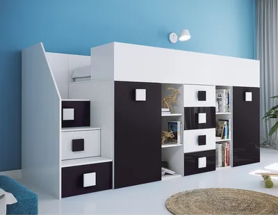 Produktbild von Hochbett Etagenbett weiß hochglanz mit Schreibtisch Schrank Regalen und Treppe links TELLY 3 weiß-schwarz