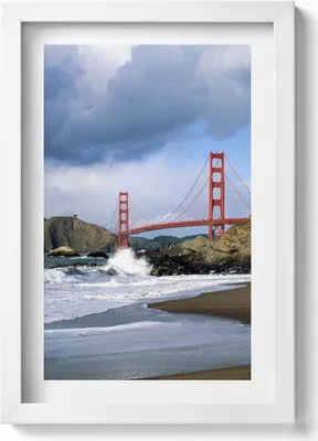 Produktbild von Meereswellen, Ufer und rote Brücke– Wandbild mit Rahmen – Gerahmtes Bild  – Wanddekoration – 20x30 cm – Weiß