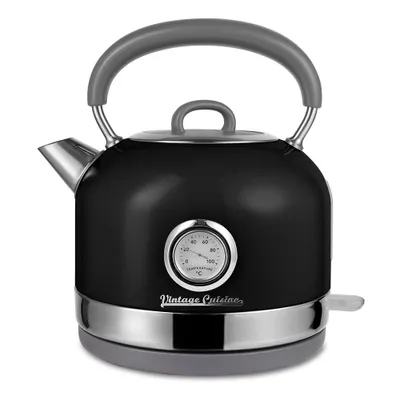 A black electric kettle with a thermometer on a white background.