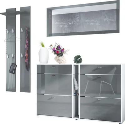 Produktbild von Vladon Garderoben-Set Orlando mit Schuhschrank, Germany, Wandpaneel und Wandspiegel, Weiß matt/Grau Hochglanz