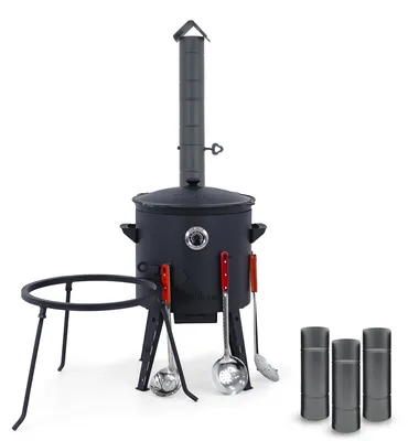 Produktbild von Utschak Feuerofen Ø 40 cm + Gusseisen-Kasan 12 L, runder Boden + Küchenzubehör, Usbekischer Kochtopf aus Gusseisen