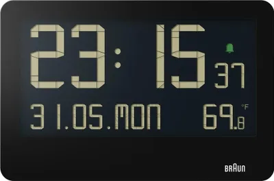 A digital clock displaying time, date, and temperature.