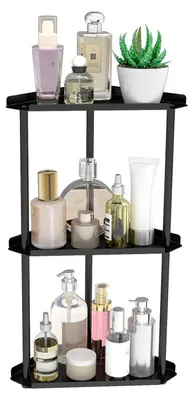 Image de Étagère d'angle pour salle de bain, 3 niveaux, étagère autoportante, finition noire mate, dimensions 27 x 15 x 50,4 cm, en métal